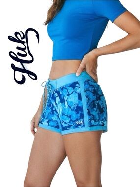 HUK Women's Shorts Performance Blue Camo UPF +30 Volley Drawsting 10